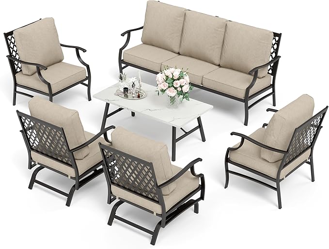 HERA'S HOUSE 6 Piece Patio Furniture Set, 2 x Rocking Chair, 2 x Fixed Chair, 1 x 3-Seat Sofa with Marbling Coffee Table, All Cushioned 7 Seats Outdoor Conversation Set for Lawn Garden Backyard