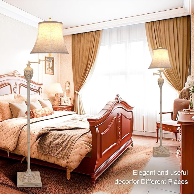 Traditional LED Floor Lamp with 350° Adjustable Swing Arm Lamp – Vintage Pole lamp Swing arm for Living Room, Bedroom and Office – Rustic Upright Floor Light for Home Décor with Faux Silk Fabric Shade