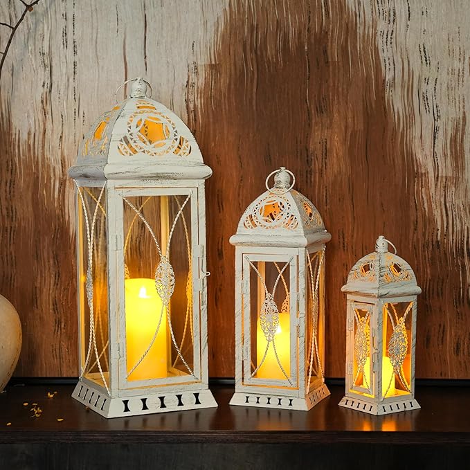 TRIROCKS Set of 3 Decorative Candle Lanterns 22''&16"&11" H Vintage Metal Candle Holders for Garden Yard Patio Wedding Parties Events Indoors Outdoors(Beige with Gold Brush)