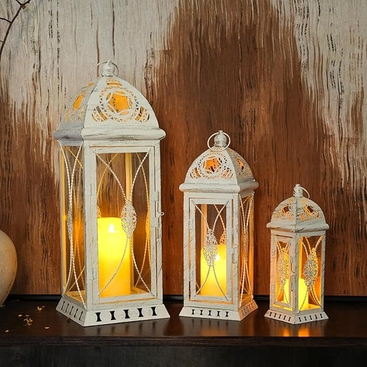 TRIROCKS Set of 3 Decorative Candle Lanterns 22''&16"&11" H Vintage Metal Candle Holders for Garden Yard Patio Wedding Parties Events Indoors Outdoors(Beige with Gold Brush)