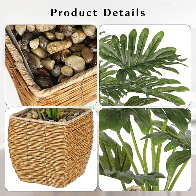 Briful Fake Plants Potted Monstera Artificial Plants Indoor Realistic Greenery Faux Plants in Square Plastic Rattan Baskets for Home Decor Farmhouse Office Weddings