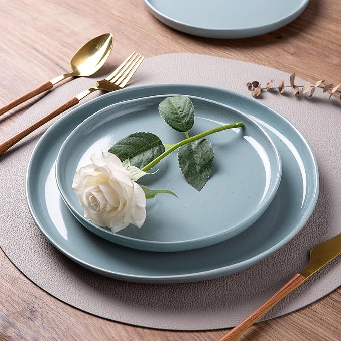 AmorArc Ceramic Dinnerware Sets for 6, 18 Pieces Handpainted Plates and Bowls Set with Rustic Terracotta Underside, Scratch Resistant Stoneware Dishes Set, Dishwasher & Microwave Safe, Stone Blue