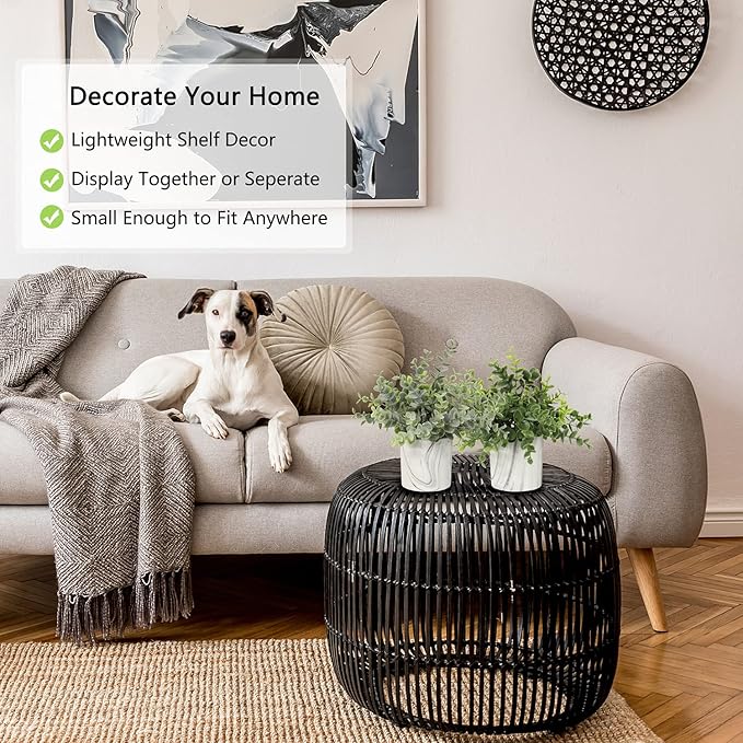 Hollyone Mini Artificial Potted Plants Fake Plants in Marble Pots, 1Pcs Plastic Eucalyptus Greenery Faux Plants for Home Office Desk Room Centerpiece Shelf Décor