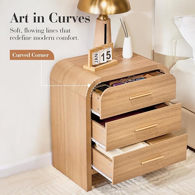 Farmhouse Nightstand Set of 2, 23.5" Curved Modern Night Stand with 3-Drawer, Bed Side Table Furniture, End Table for Bedroom, Storage Cabinet for Living Room Home Office Entryway, Oak