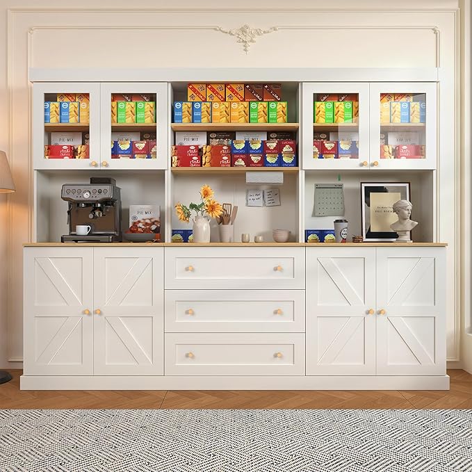 71" Farmhouse Kitchen Pantry Cabinet Set of 3, White Freestanding Coffee Bar Hutch with Glass Doors, Drawers & Adjustable Shelves, Large Storage Cabinet with Microwave Stand for Living Room & Kitchen
