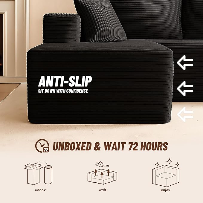 107" Boneless Couch with Deep Seat, Modular Sectional Sofa, Cloud Sectional Couch for Living Room, No Assembly Required, Corduroy, U-Shape 3 Seater Left, Black