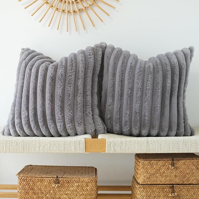 JOJUSIS Pack of 2 Faux Fur Plush Decorative Throw Pillow Covers Couch Cushion Case Soft Pillowcases (Grey, 22 x 22-Inch)