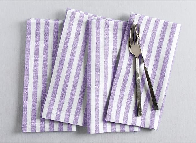 Solino Home Linen Cloth Napkins Set of 4-100% Pure Linen Violet and White Striped Dinner Napkins 20 x 20 Inch - Amalfi Stripe, Handcrafted and Machine Washable