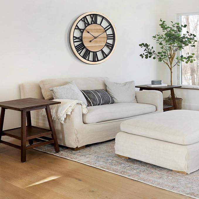 LEIKE 24 Inch Large Wall Clock - Rustic Wooden Silent Non-Ticking Wall Clock with Black Metal Frame, Vintage Farmhouse Decorative for Living Room, Bedroom, Kitchen - Roman Numerals, Modern Design