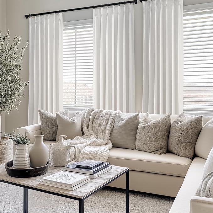 Topfinel Pinch Pleat Full Blackout Curtains & Drapes 84 Inch Length 2 Panels Set, Flax Linen Room Darkening Soundproof Curtains with Hooks Rings for Bedroom Living Room Track System, Beige Ivory Birch