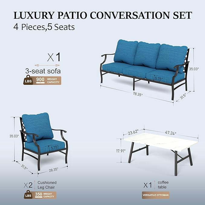 HERA'S HOUSE 4 Piece Patio Furniture Set, 2 x Metal Frame Cushioned Chair, 3-Seat Sofa with Marbling Coffee Table, All Weahter Outdoor Conversation Set for Lawn Garden Backyard, Pacific Blue