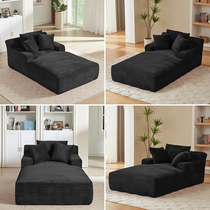 78.7” Chaise Lounge Chair Indoor, Corduroy Upholstered Boneless Sofa Bed with Throw Pillows, Comfy Lounge Sleeper Sofa with Deap Seat for Living Room Bedroom, No Assembly Required, Black