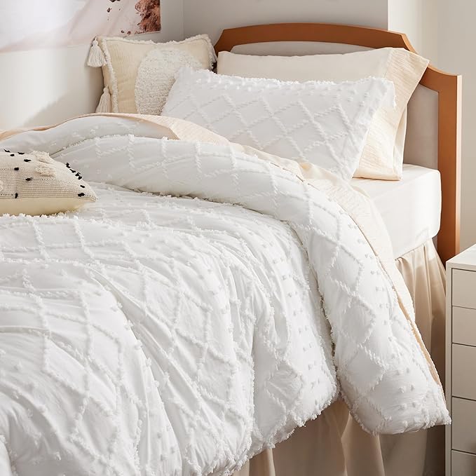 Bedsure Twin Comforter Set - White Boho Twin Comforter, Shabby Chic Dorm Bedding Set for Kids, 2 Pieces Modern Farmhouse Bed Set, Includes 1 Pillow Sham