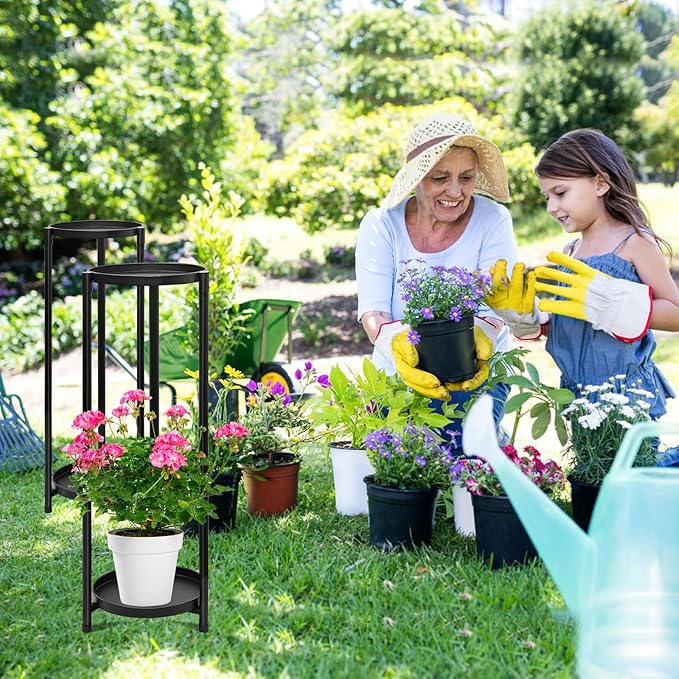 2 Tier Plant Stand Indoor, Black Corner Tiered Tall Plant Stand for Outdoor Multiple Plants, Metal Flower Pot Stands Holders Plant Display Shelf for Balcony Living Room Garden Patio(2Pcs)