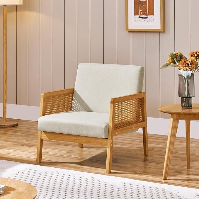 Yaheetech Beige Accent Chair, Armchair with Wood Legs, Mid Century Living Room Chair, Linen Fabric Lounge Chair for Bedroom Reading Room, Beige