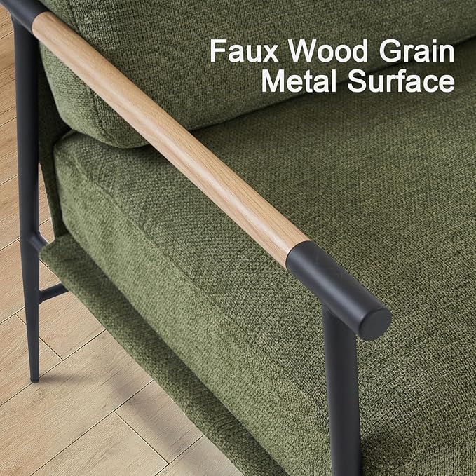 2PCS Green Accent Chair Set of 2 Chenille Mid Century Modern Armchair with Upholstered Soft Cushion for Living Room,Lounge,Bedroom,Wood-Grain Metal Armrest Legs