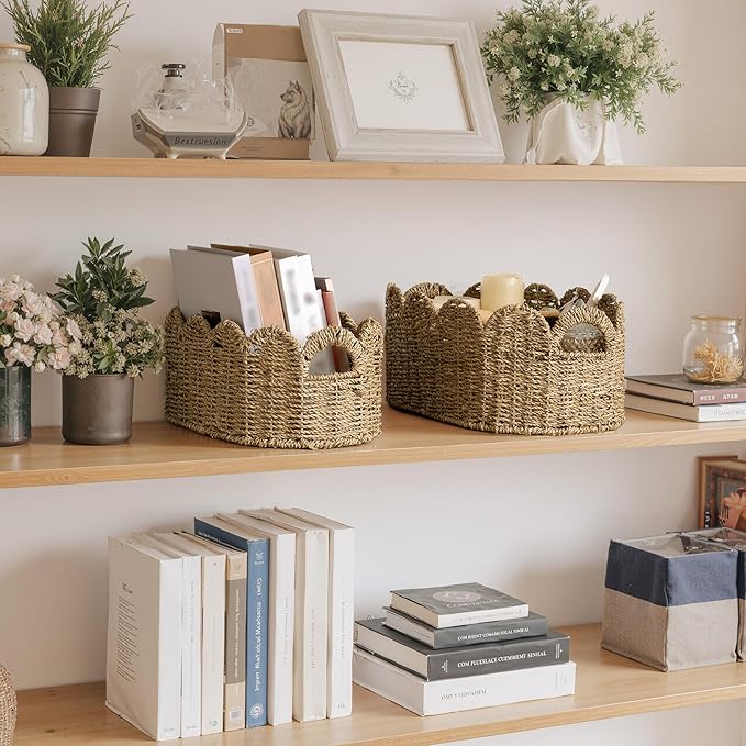 StorageWorks Scalloped Wicker Basket, Hand-woven Rattan Baskets with Built-in Handles, Seagrass Basket for Organizing and Decor, 2 Pack