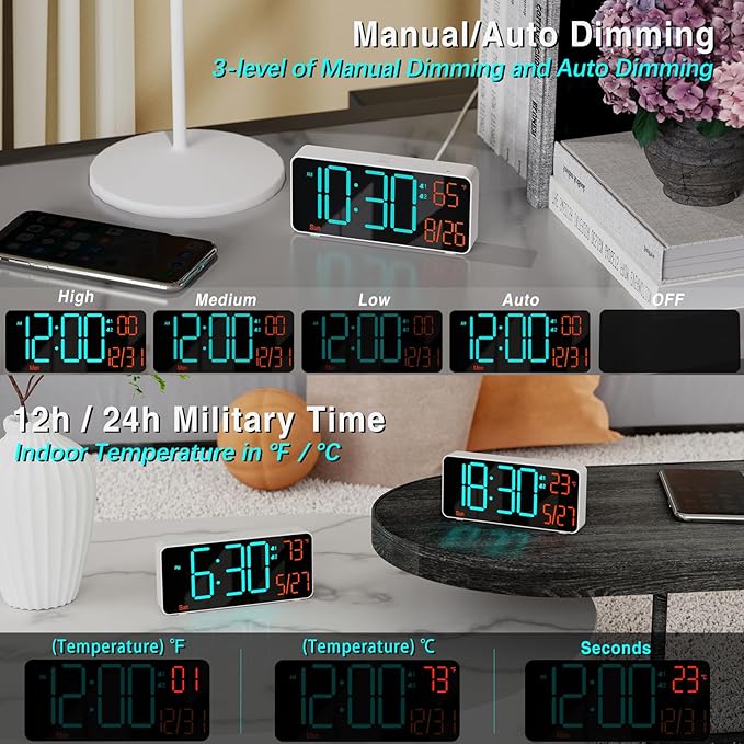 KOSUMOSU Small Digital Clock for Bedroom, 6.7in Desk Clock, Auto Dimming, Room Temperature, Day of The Week, Date, Seconds, Alarm Clocks for Bedrooms, Clocks for Living Room