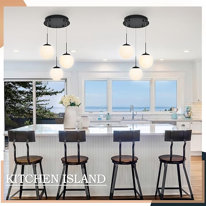 KoKo&Yukina 3 Light Globe Glass Pendant Light Modern Black Globe Chandelier Adjustable Length Pendant Light Fixtures Milky White Glass Ceiling Light for Foyer Hallway