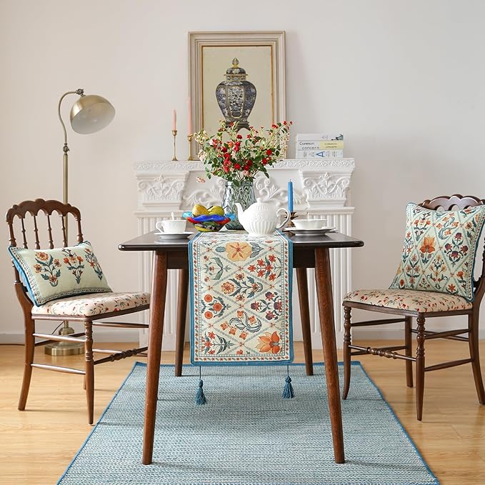 ISAENNE Designer Bohemian Elegant Linen Table Runner 87 Inches Long,Colorful Flower Pattern Table Runners for Dining Tables,Thanksgiving,Kitchen Tables,Christmas,12"*87"-Floralsea A