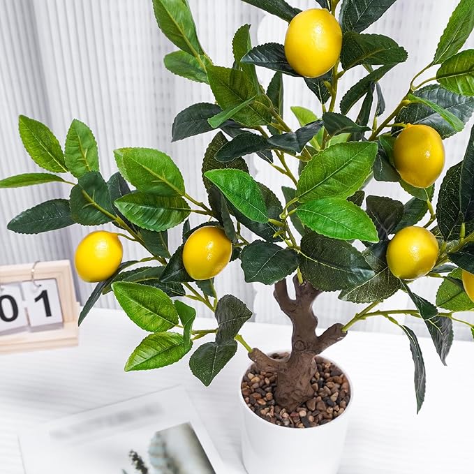 24Inch Fake Lemon Tree, Lemon Decor for Tabletop, Desk, Centerpiece, Home, Kitchen, Living Room, Artificial Potted Plants with White Planter and Stone Cover
