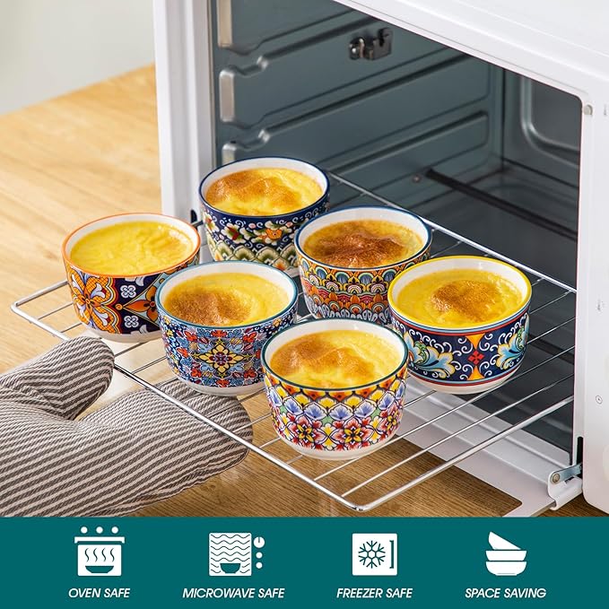vancasso 6 Oz Ramekins Oven Safe Set of 6, Bohemian Creme Brulee Ramekins, Colorful Souffle Dishes, Pudding Custard Cups for Baking, Small Ceramic Bowls for Dipping Sauce, Ice Cream