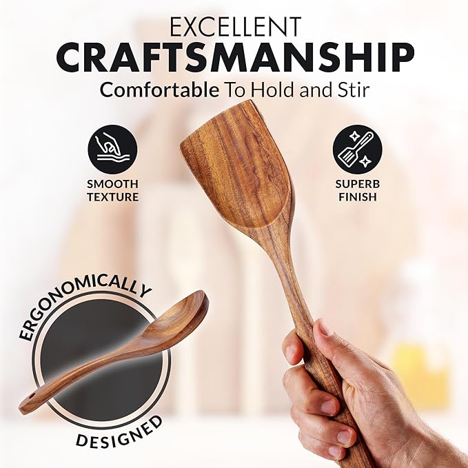 Zulay Kitchen 15-Piece Teak Wooden Utensils for Cooking - Natural Teak Utensil Set with Premium Gift Box - Non-Stick Wooden Spoons for Cooking - Kitchen Gift Set - Comfortable Grip Wooden Utensil Set