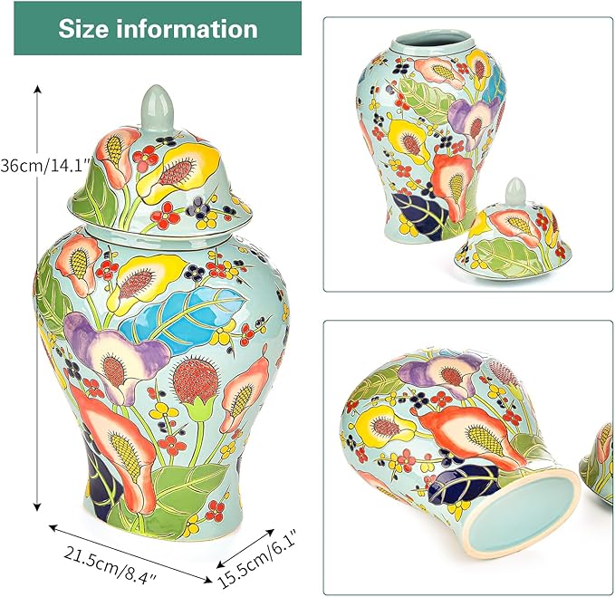 Sungmor Decorative Ceramic Ginger Jar with Lid, Floral Pattern Porcelain Temple Storage Jar, 14" Hand Painted Ceramic Flower Vase for Centerpiece, Blue Glazed Vase for Flower Arrangement, Home Decor