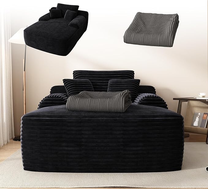 67" Oversized Chaise Lounge Chair with Cover, Comfy Sleeper Sofa Bed, Black Plush Corduory Couch for Living Room,Sofa in A Box,No Assembly Required (Corduroy Grey Cover).