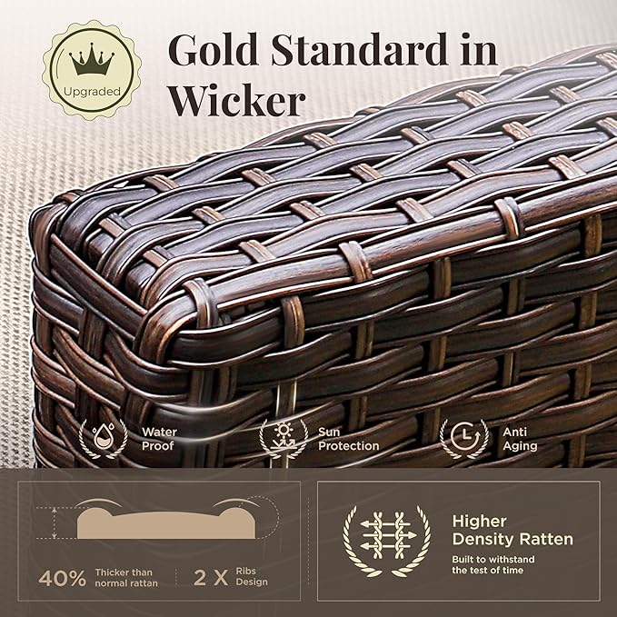 Patio Furniture Set, 7 Pcs Wicker Rattan Rattan Outdoor Conversation Set, 4 x Single Chairs, 1 x 3 Seater Sofa and 2 x Ottoman with 4" Thick Cushion for Garden Backyard Deck, Beige