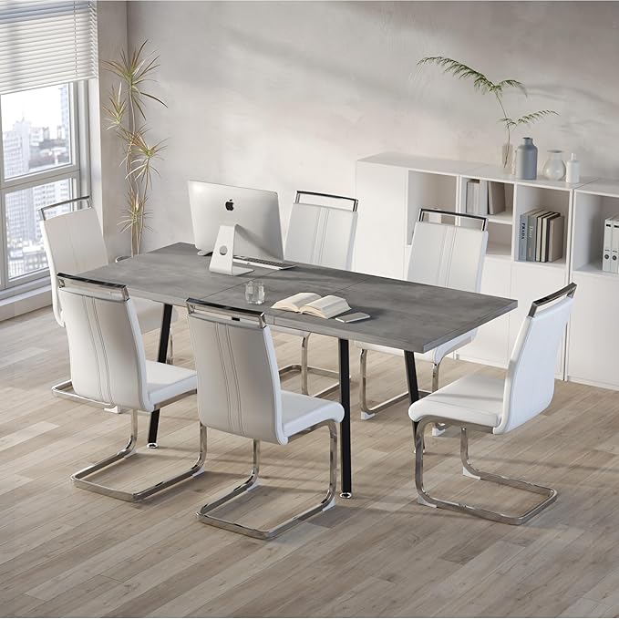 7 Piece Dining Table Set for 6-8,55-71" Extendable Dining Table Set with 6 Upholstered Chairs,Rectangle Kitchen Table Set for Small Space,Dining Room and Office,Grey