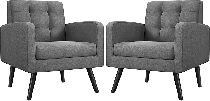 Yaheetech Mid-Century Accent Chairs, Modern Upholstered Living Room Chair, Cozy Armchair Button Tufted Back and Wood Legs for Bedroom/Office/Cafe, Set of 2, Gray