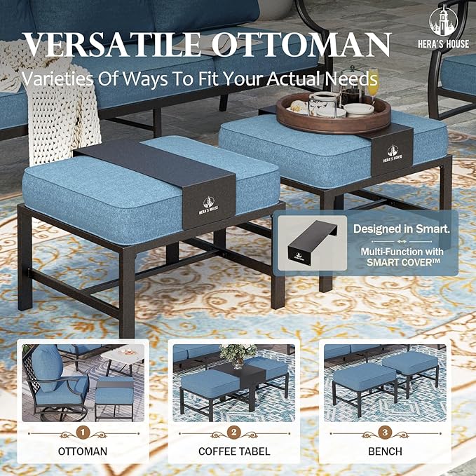 HERA'S HOUSE 6 Piece Patio Furniture Set, 2 x Rocking Cushioned Chair, 2 x Cushioned Ottoman, 1 x 3-Seat Sofa with Marbling Coffee Table, Outdoor Conversation Set for Lawn Garden Backyard, Navy Blue