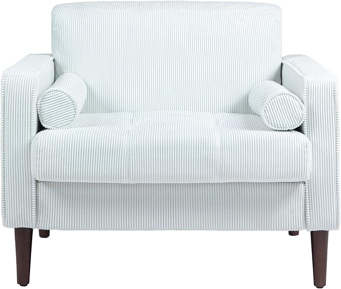 UIXE Corduroy Accent Chair, Modern Upholstered Arm Chairs Comfy Bedroom Reading Armchair with 2 Bolster Pillows, Mid-Century Track Armrest Tufted Living Room Single Sofa Lounge Seat (Beige)
