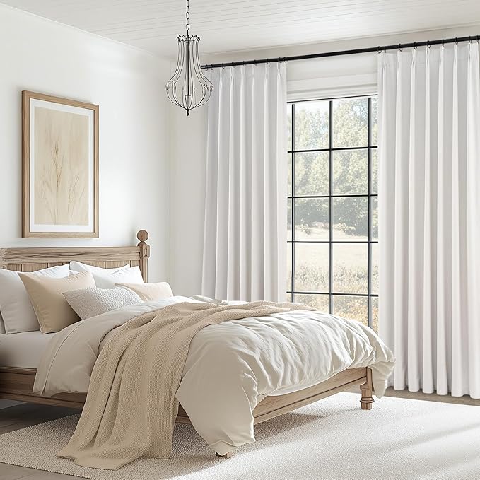 Topfinel 90 Inches Long Full Blackout Linen Curtains for Bedroom, Pinch Pleated Sound Block Curtains, Birch Decorative Elegant Farmhouse Lined Drapes 2 Panels Set for Living Room Sliding Door