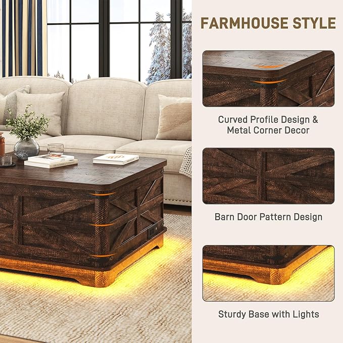 36" Farmhouse LED Lift Top Coffee Table with Storage and Power Outlets, Square Wood Living Room Tables with LED Lights & Large Hidden Space, Lift Wooden Barn Door Center Table, Brown