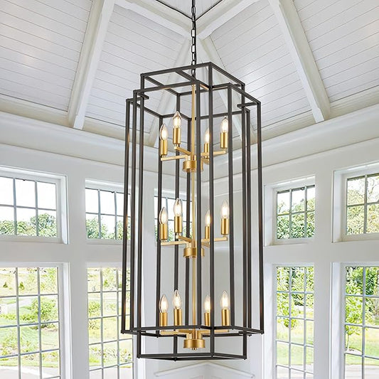 12-Light Lantern Tiered Pendant Light Fixtures, Black Metal Farmhouse Chandelier Hall Foyer Hanging Chandelier for Kitchen Island Dining Room Living Room Foyer Entryway, Black+Gold
