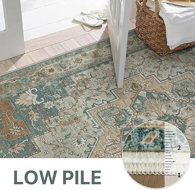 GENIMO 8x10 Area Rugs for Living Room, Machine Washable Non Slip Vintage Rugs, Low Pile Lightweight Chenille Print Rug for Bedroom, Dining Room, Home Office,Ash Blue