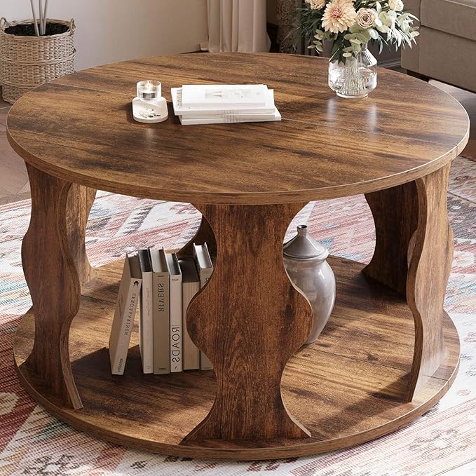 HSH Round Wood Coffee Table, Rustic Brown Circle Center Table with Storage, Farmhouse Wooden Living Room Coffee Tea Tables in Small Room, Unique Vintage 2 Tier Circular Middle Cocktail Table, 31.5 in