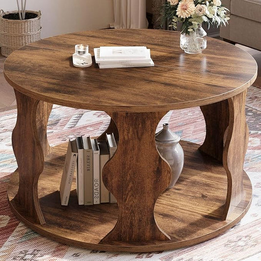 HSH Round Wood Coffee Table, Rustic Brown Circle Center Table with Storage, Farmhouse Wooden Living Room Coffee Tea Tables in Small Room, Unique Vintage 2 Tier Circular Middle Cocktail Table, 31.5 in