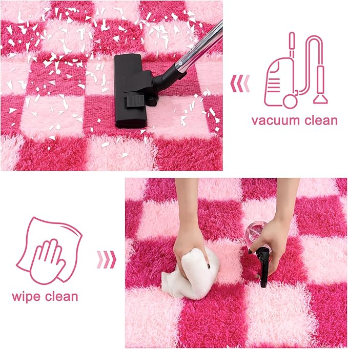 Checkered Rugs for Bedroom, Ultra Fluffy Fuzzy Shag Area Rug for Living Room 5x7, Modern Plush Soft Upgrade Non-Slip Carpet for Girls and Kids Room Dorm Nursery Home Decor, Pink and Hot Pink