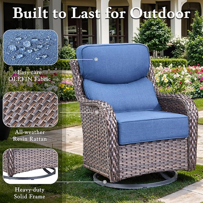 Luxury High Back Outdoor Furniture with 6-inch Extra Thick Cushions, Patio Furniture Set with Swivel Chairs, 10 PCS Wicker Conversation Set for Yard, Deck, Poolside, Brown/Blue