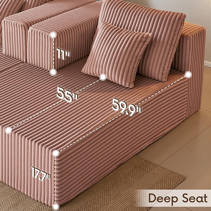 82" Oversized Chaise Lounge Chair, Corduroy Upholstered Sleeper Sofa with 4 Throw Pillows and Wide Armrest for Living Room, No Assembly Required Loveseat Couch, Pink