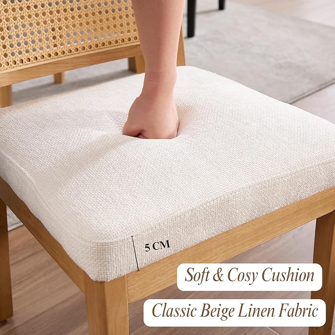 LukeAlon Farmhouse Rattan Dining Chairs Set of 6, Mid Century Modern Chenille Kitchen & Dining Chairs with Solid Wood Legs, Woven Cane Upholstered Kitchen Chairs Side Chairs for Dining Room, White