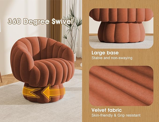 Mid Century Modern 360 Degree Barrel Swivel Accent Sofa Chair,Fluffy Velvet Fabric Lounge Wide Upholstered Pumpkin Reading Chair, Round Cloud Armchair for Living Room,Bedroom,Vanity(Burnt Orange)