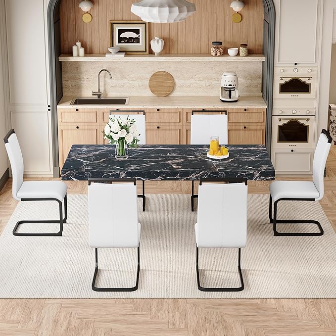 79" Modern Dining Table Set｜Marble Dining Table Set with 6 Faux Leather Chairs｜Engineered Wood with Marble Pattern Tabletop｜Widened and Stable Tablelegs｜Easy Assembly