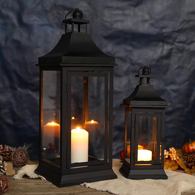 JHY DESIGN Set of 2 13''&19.5''Tall Outdoor Candle Lanterns Vintage Hanging Tower Lantern Metal Candle Holder for Garden Living Room Indoor Outdoor Parties Weddings Balcony(Black)