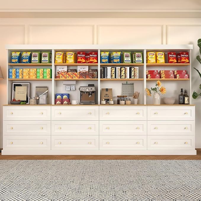 71" Farmhouse Kitchen Pantry Cabinet Set of 4 with Drawers, White Freestanding Coffee Bar Hutch with Microwave Stand, Large Storage Cabinet with Adjustable Shelves for Kitchen, Living Room
