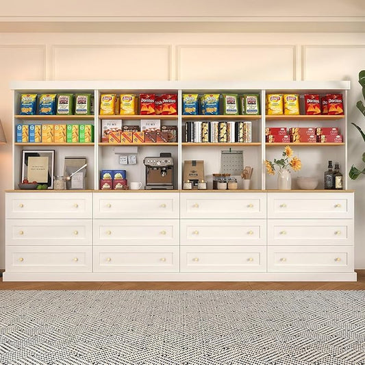 71" Farmhouse Kitchen Pantry Cabinet Set of 4 with Drawers, White Freestanding Coffee Bar Hutch with Microwave Stand, Large Storage Cabinet with Adjustable Shelves for Kitchen, Living Room