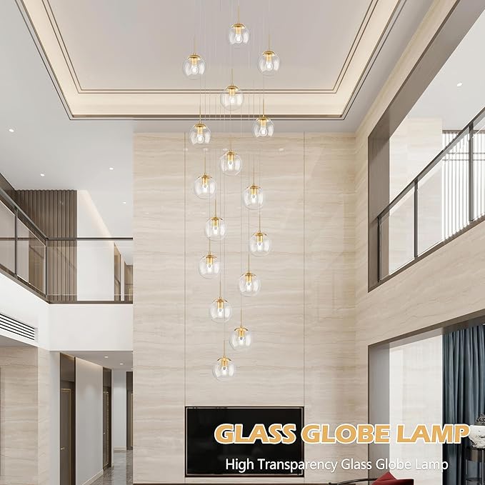 KoKo&Yukina 16-Light Gold Mid Century Modern Chandelier for Living Room Staircase Chandelier for Entryway Clear Globe Glass Chandelier High Ceiling Chandeliers Foyer Entryway (Bulb & Remote Incl.)